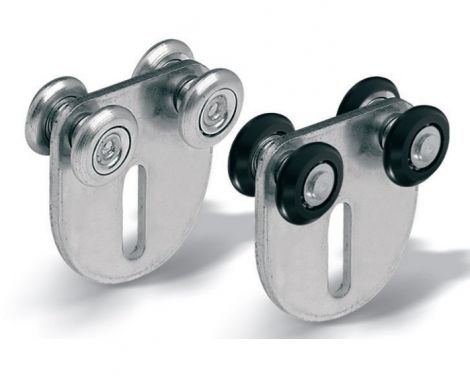 Kleiner Rollapparat mit 4 Rollen aus Nylon - sichelförmiger Montageplatte und Anschlagblechen an beiden Enden.